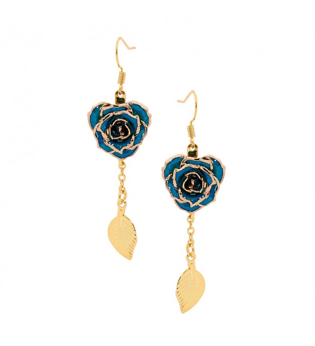 Blue Glazed Rose Earrings in 24K Gold Leaf Style