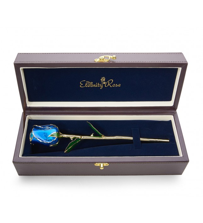 Blue Tight Bud Glazed Rose Trimmed with 24K Gold 12"