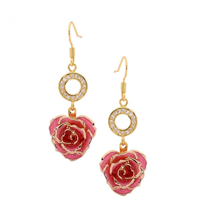 Pink Glazed Rose Earrings in 24K Gold