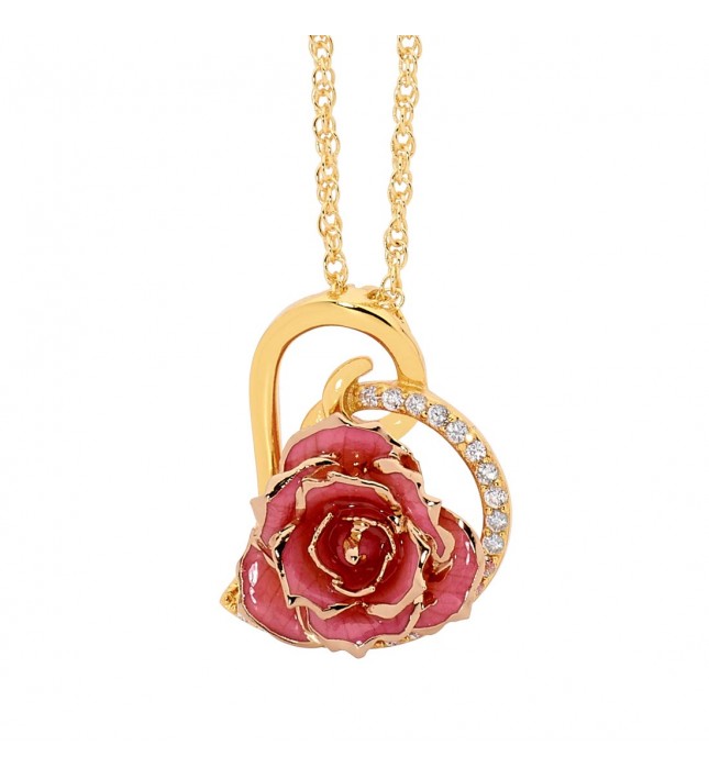 Pink Glazed Rose Heart Pendant 24K Gold 