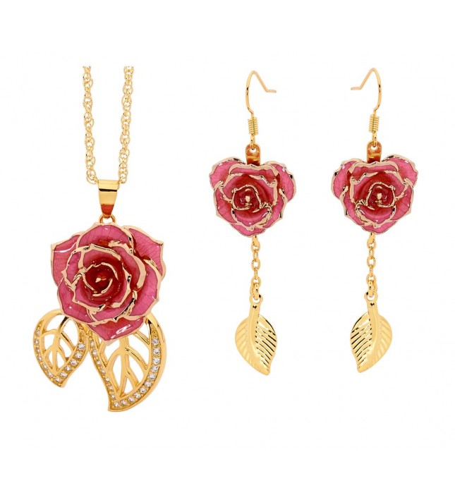 Pink Leaf Theme Pendant and Earring Set