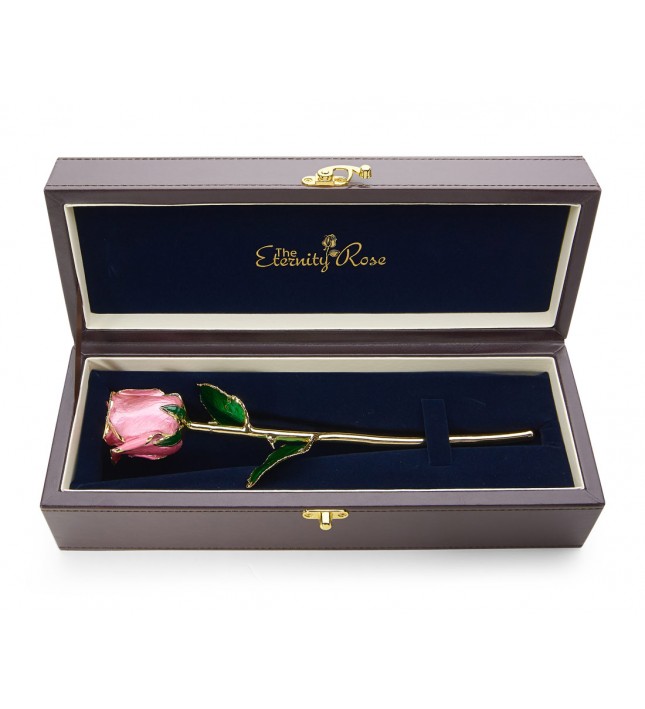 Pink Tight Bud Glazed Rose Trimmed with 24K Gold 12"