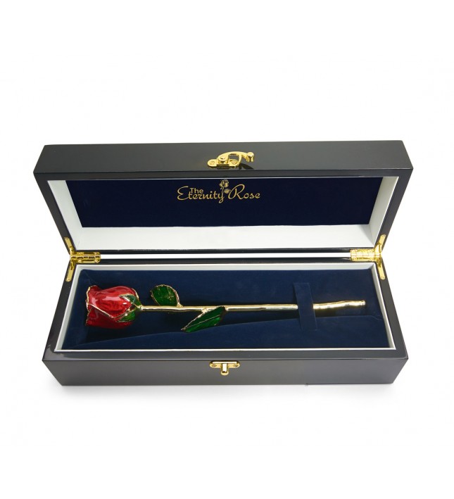 Red Tight Bud Glazed Rose. Black Gloss Box