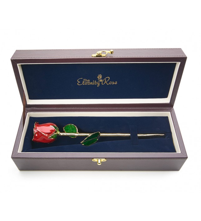 Red Tight Bud Glazed Rose Trimmed with 24K Gold 12"