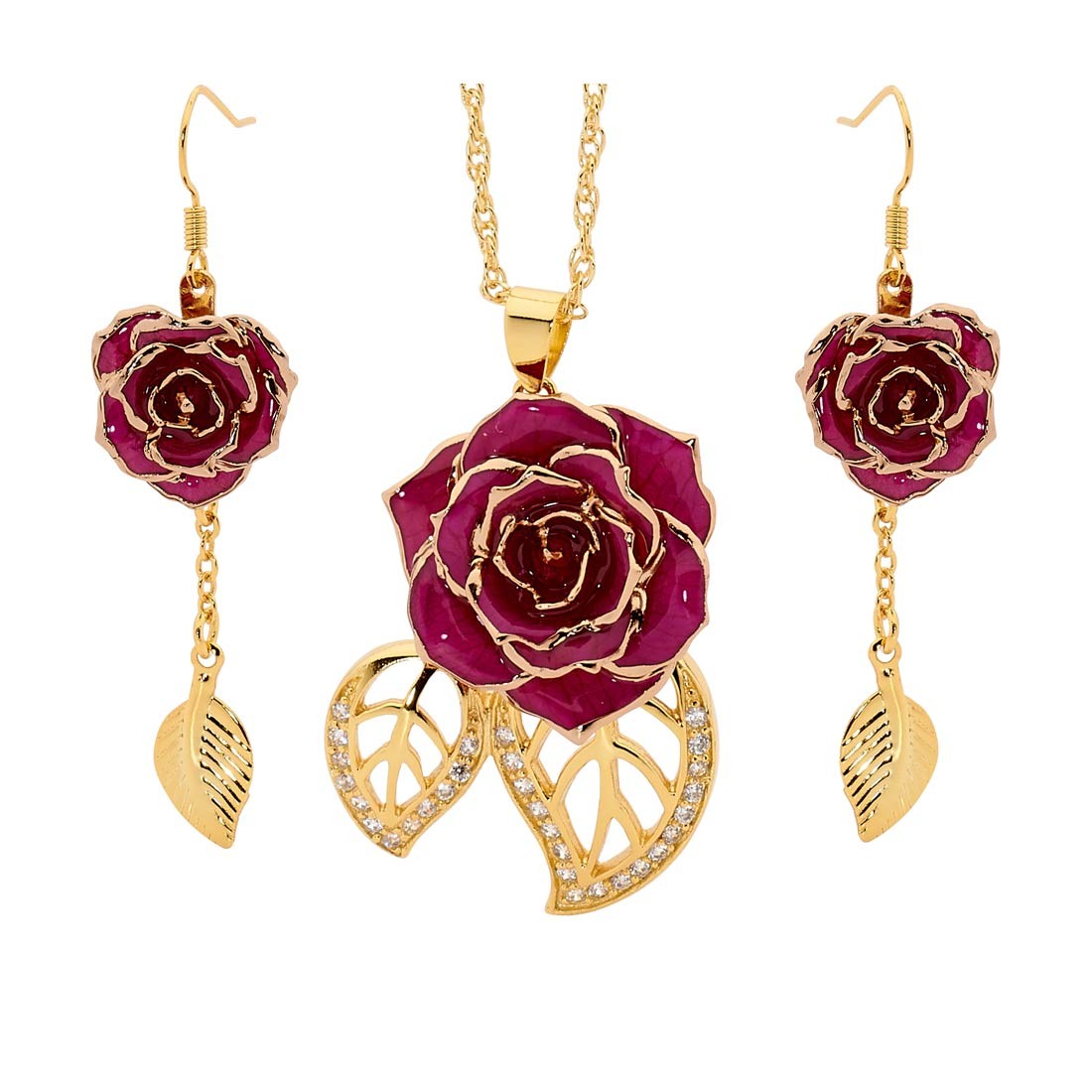 GoldDipped Rose & Purple Matched Jewellery Set in Leaf Theme