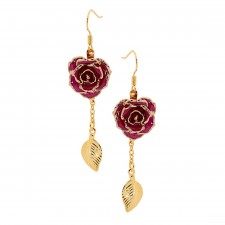 Purple Glazed Rose Earrings in 24K Gold Leaf Style