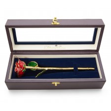 Red Open Bud Glazed Rose. Leather Window Box