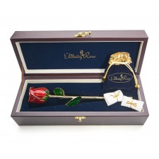 Red Matched Set in 24k Gold Leaf Theme. Tight Bud Rose, Pendant & Earrings