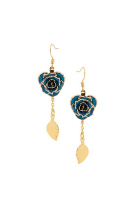 Blue Glazed Rose Earrings in 24K Gold Leaf Style