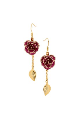 Purple Glazed Rose Earrings in 24K Gold Leaf Style