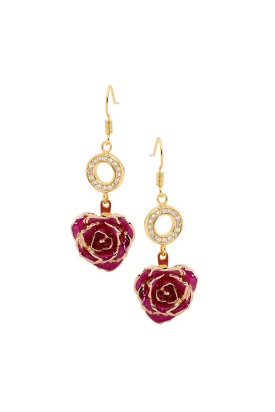 Purple Glazed Rose Earrings in 24K Gold