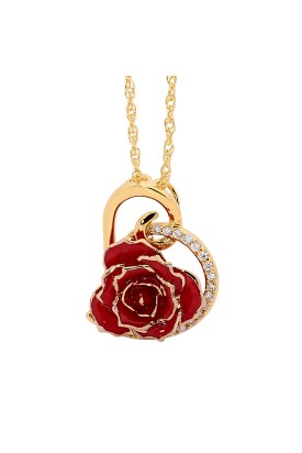 Red Glazed Rose Heart Pendant 24K Gold 