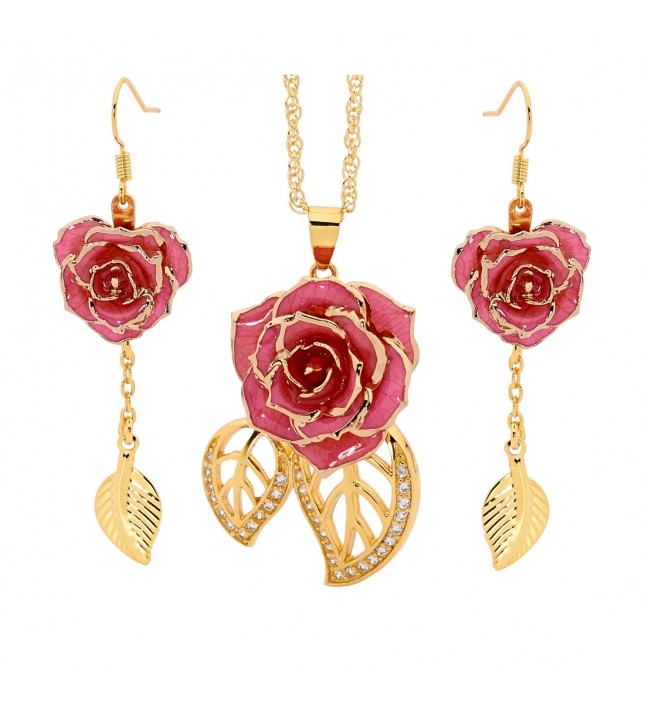 Gold Dipped Rose Pink Matched Jewellery Set in Leaf Theme